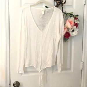 H&M Linen Long Sleeve Tie Front Sheer Tee